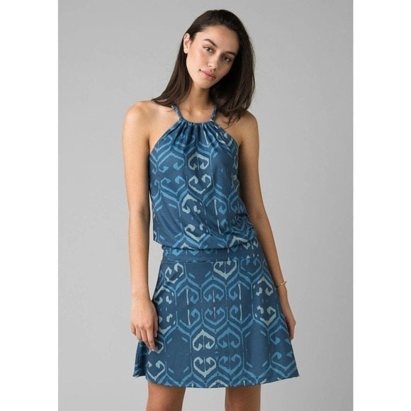PrAna Avore Dress‎ Patterned Halter Cross Back Blue - Picture 1 of 7